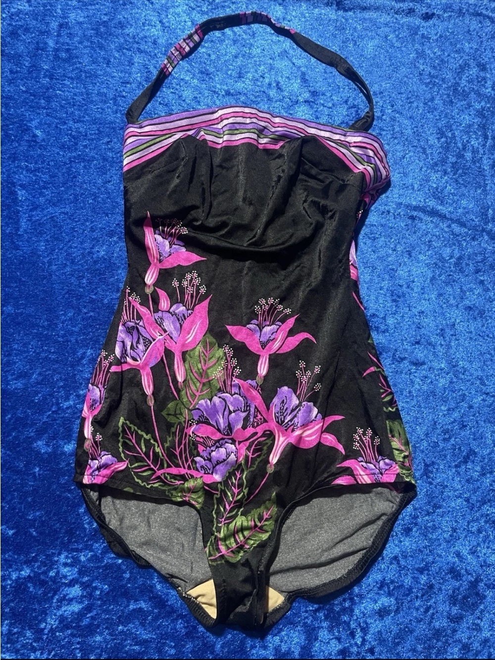 Vintage Sirena Swimsuit Size 12 Medium Black Purple Floral Adjustable Halter